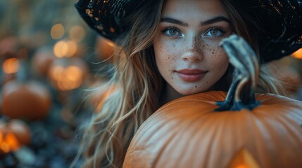 A young woman in witch costume holding a pumpkin in an autumn setting with Halloween vibes