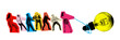 © Lustre Art Group  - Banner. Contemporary art collage. Business people tugging rope connected to large yellow light bulb, symbolizing collective effort towards innovation. Concept of business development and collaboration