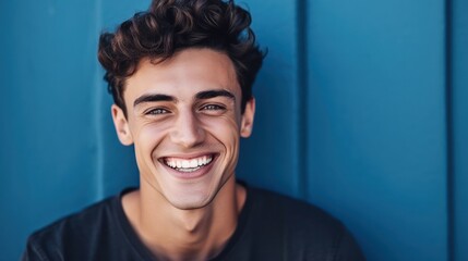 a man stands smiling in front of a blue wall