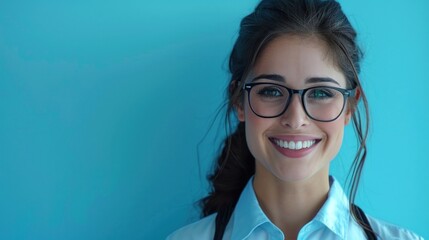 Wall Mural - A woman wearing glasses smiles for the camera in a candid moment, exuding confidence and positivity