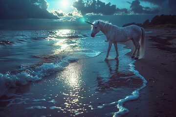 Photograph a unicorn walking along a moonlit beach, with the waves gently lapping at its hooves and the moonlight sparkling on the water