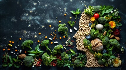 Wall Mural - Various vegetables, seeds and fruits, vitamins in the background . Healthy Diet. Biohacking