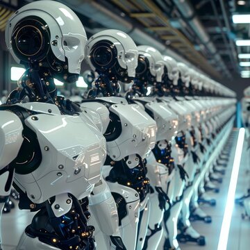 a row of robots lined up in a factory