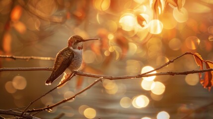Wall Mural - Hummingbird on a Branch with a Sunset Background