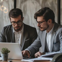 two men sitting at a table looking at a laptop