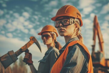 Wall Mural - two women in hard hats and safety glasses holding axes