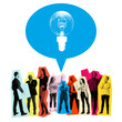 © Lustre Art Group  - Contemporary art collage. People in vibrant color blocks standing under blue speech bubble with light bulb. Brainstorming. Concept of business ideas and collaboration, teamwork, teambuilding. Ad