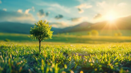 Wall Mural - Lonely tree sapling on sunlit grassy field with distant mountains