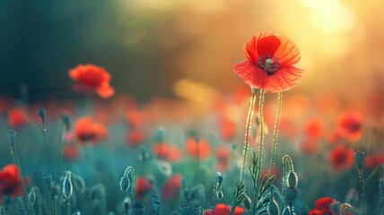 Wall Mural - bright red poppy flower illuminated by sunlight in field of poppies at sunset