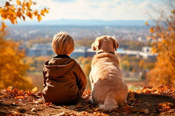 A child and a big dog look at the city from above, autumn, view from the back, friendship between a dog and a person, outdoors