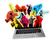 © Lustre - Contemporary art collage. Business people in vibrant blocks emerging from laptop. Dynamic online teamwork. Concept of business development and collaboration, teambuilding. Ad