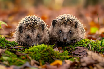 Wall Mural - Two hedgehogs in natural woodland habitat, facing forward with green moss and Autumn leaves. Blurred background. Horizontal. Space for copy. Close up