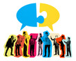 © Lustre Art Group  - Contemporary art collage. Workers in vibrant color blocks interacting beneath speech bubbles with puzzle pieces. Concept of business and communication, teamwork, teambuilding. Ad