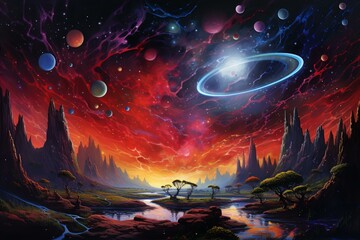 Wall Mural - Fantasy illustration of a breathtaking landscape under a vivid starry sky with planets and nebulae