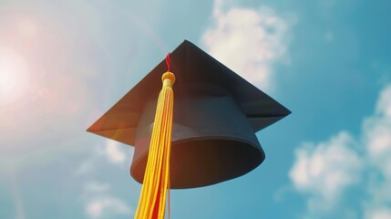 Black graduation cap with gold tassel against a bright blue sky.