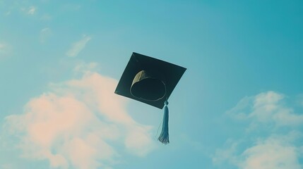 Wall Mural - Graduation cap flying in the air against a blue sky.