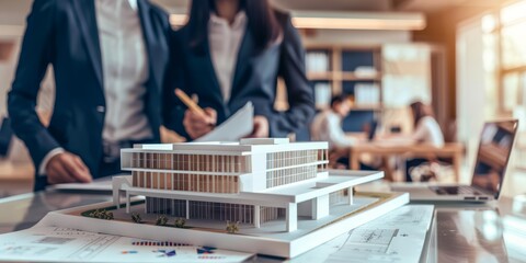 A model of an office building is placed on the table, and two people in suits stand behind it with their hands holding pens to draw up plans for construction