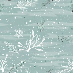 Wall Mural - Winter Wonderland: Snowflakes and Pine Needles on a Frosty Backdrop