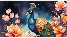 This Image Is Of Two Peafowl, One Blue And One Green, Standing In Front Of Each Other With Their Tails Spread. The Background Is A Dark Blue Night Sky With Stars And A Crescent Moon.

