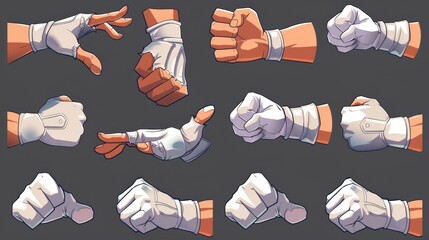 Wall Mural - Various comic hands in white gloves pointing with fingers, gesturing, shaking hands, high fives, fists, idea signs. Gloved hands with different gestures.