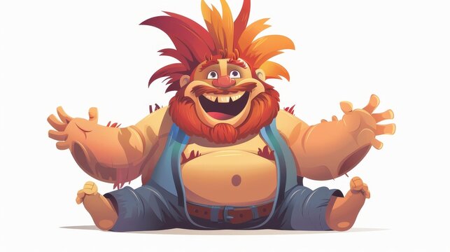 A fat cartoon troll with open arms and a big smile. Modern clip art illustration in one layer.
