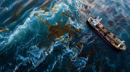 An oil tanker floats in the ocean, transporting oil to its destination.