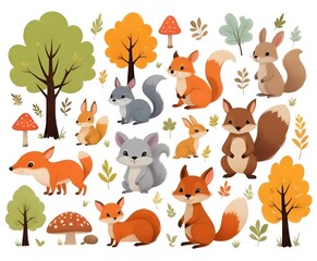 Cute Autumn Woodland Animals and Floral Forest Design Elements. Set of cute autumn cartoon characters, plants and food. Fall season