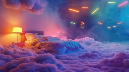 Wall Mural - An illustrative bedroom designed with a ceiling mural of soft, fluffy clouds against a twilight sky, complemented by neon lights in cool blue tones that trace along the contours of the furniture.