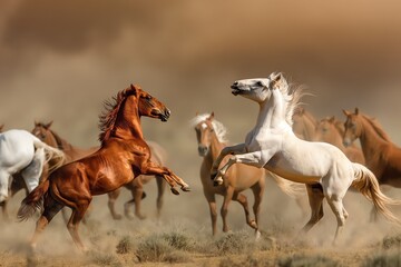 Wall Mural - Two horses rearing up and fighting in the middle of an open field, surrounded by other wild horses running around them. The background is a dusty desert with brown hues. Horizontal. Space for copy. 