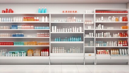 Wall Mural - There are four white shelves lined with various bottle beauty and personal care products