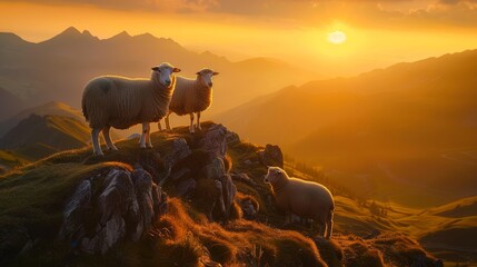 Wall Mural - Sheep on a mountaintop during a golden sunset for nature or travel themed designs