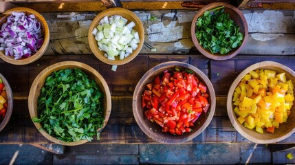 Wall Mural - wooden bowls with fresh, vibrant vegetables and sliced red onion, neatly arranged for pico de gallo on a dark background.