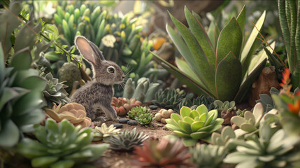 Wall Mural - Rabbit in the forest, succulent plants, wild animals, nature. The image is generated by AI