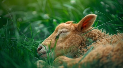 Wall Mural - Sleeping lamb in a summer meadow for farm and nature themed designs