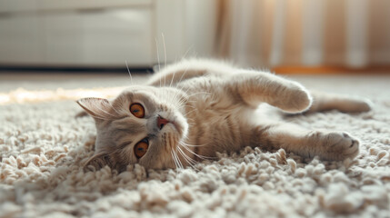 Wall Mural - Cat lying on the carpet looking at the camera
