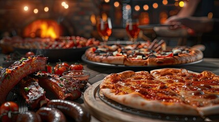 A cozy restaurant setting with a delicious spread of wood-fired pizzas and grilled meats, perfect for a delightful evening meal.