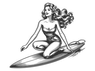 Wall Mural - retro pin-up girl in stylish beachwear surfing on wave, grace and balance sketch engraving generative ai fictional character vector illustration. Scratch board imitation. Black and white image.