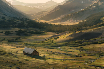 Wall Mural - Aerial view of an isolated mountain cabin surrounded by a vast, untouched landscape. Highlight the solitude and simplicity of the scene