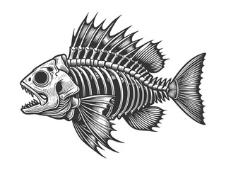 Wall Mural - fish skeleton, showcasing intricate bone structure and sharp teeth sketch engraving generative ai vector illustration. Scratch board imitation. Black and white image.