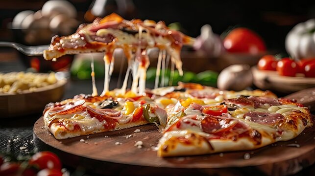 Delicious cheese pizza slice being lifted from a fresh pizza on a wooden board, surrounded by fresh ingredients in the background.