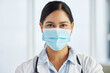 © peopleimages.com - Doctor, woman and smile face mask for protection with care, support and commitment for job. Female person, medical and healthcare employee for emergency with dedication in hospital on portrait