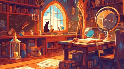 Wall Mural - Wizard and witch studies in a magic school. Cartoon modern medieval classroom with desk and chair, chalkboard, books, ink, and black cat.