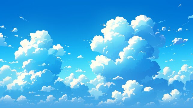 Anime-style blue sky with fluffy clouds. Modern cartoon illustration for game background, magical dream flight, summer skies, fresh air, heavenly cloudy backdrop.