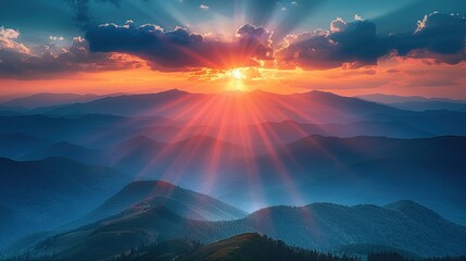 Wall Mural - A beautiful landscape view with sun beams through clouds from Sun rays mountain landscape.