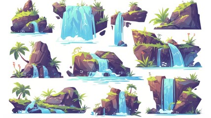 Wall Mural - Animated modern illustration of snowy waterfalls on an isolated white background. Water flows down stone cascades, green grass grows on hills, tropical forest, jungle park design elements.