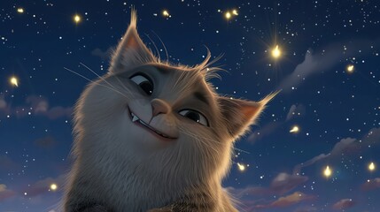 Wall Mural - A  fluffy cat carton with cute smile and big open eyes beautiful cute cat on fairy tale full glowing stars background 