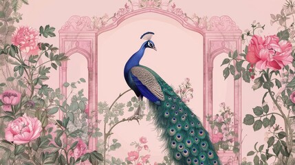 An invitation illustration depicting an Indian Mughal garden with an archway and a peacock