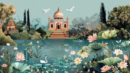 Wall Mural - A beautiful Indian mughal garden illustration for invitations with a peacock, plants, temple, swan, lake, and lotus flowers