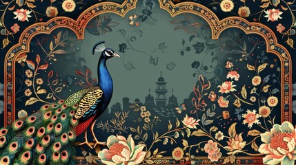 Wall Mural - Invitation design featuring middle eastern seamless pattern and Mughal arch with peacock illustration