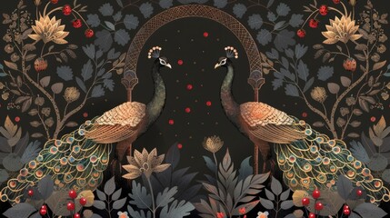 Canvas Print - Traditionally designed Mughal garden modern illustration with arch, peacock, and plant.